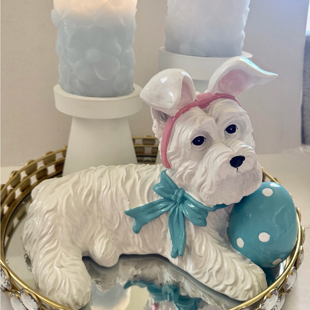 Easter White Ceramic Dog Figurine with Teal Bow and Egg